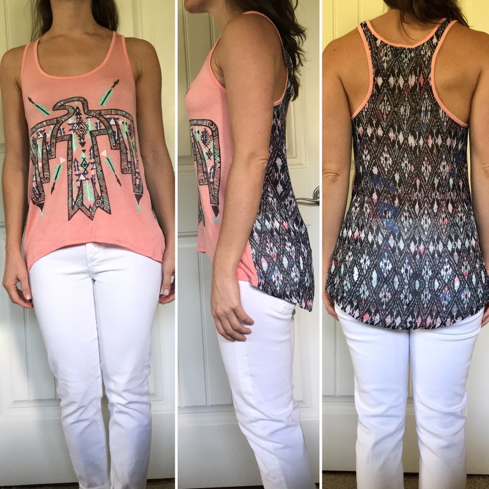 Coral pink eagle totem tank, sheer printed back